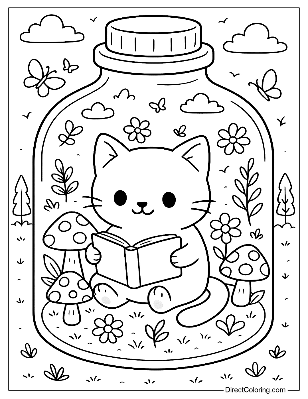 A cat reading a book in a glass jar, surrounded by mushrooms, flowers, and a few butterflies flying around